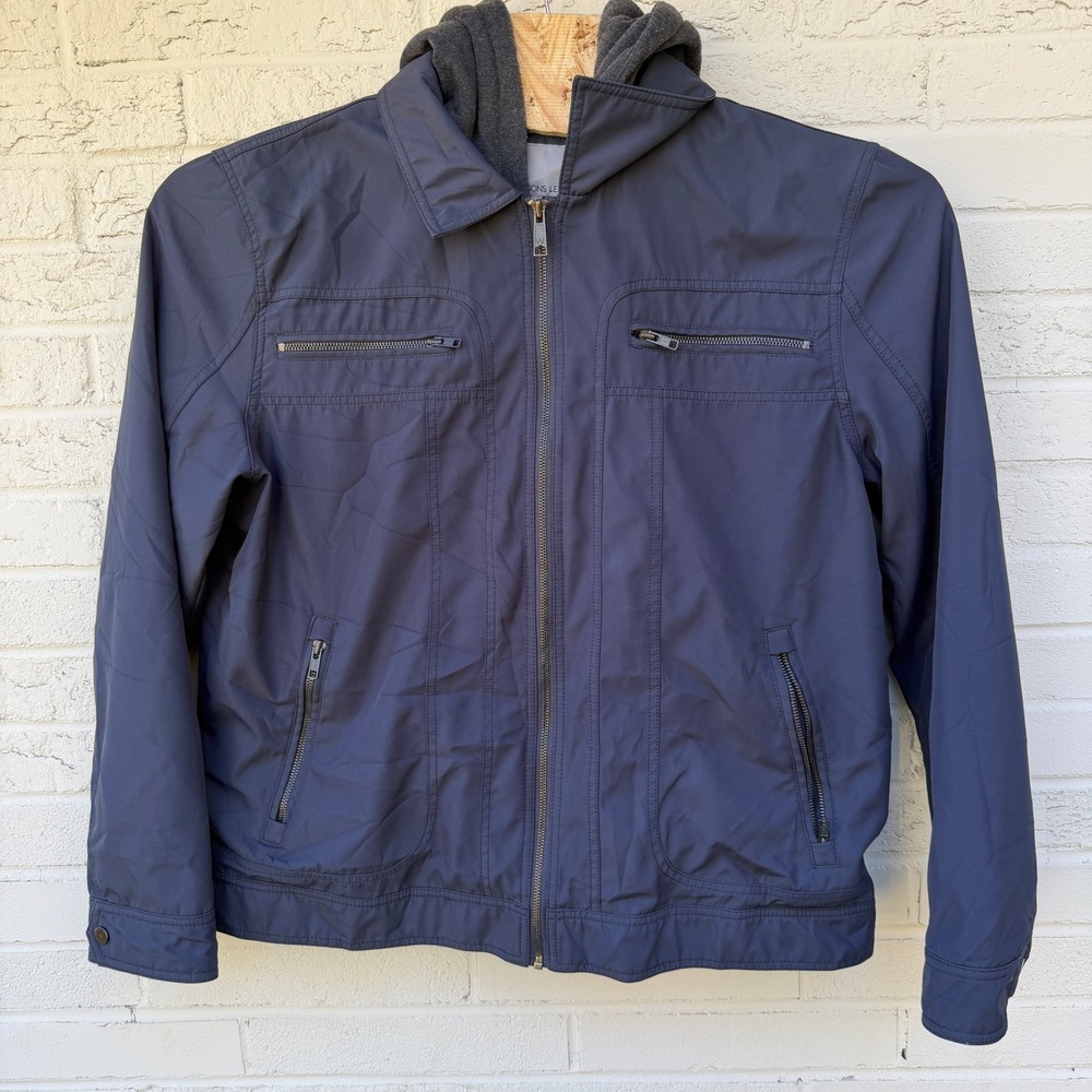 Wilsons Leather Men's XL Navy Bomber Jacket Zip Front Removable Hoodie